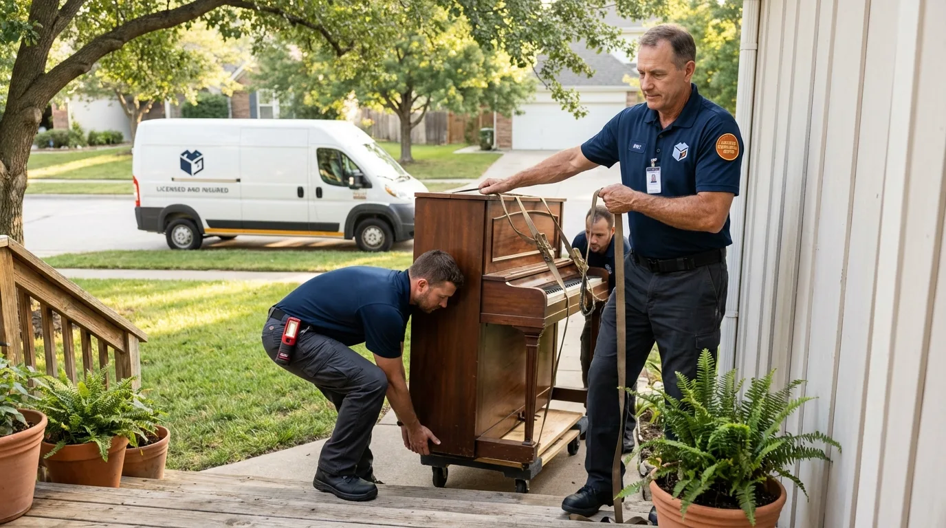 Licensed piano movers securing grand piano in Montpelier, OH