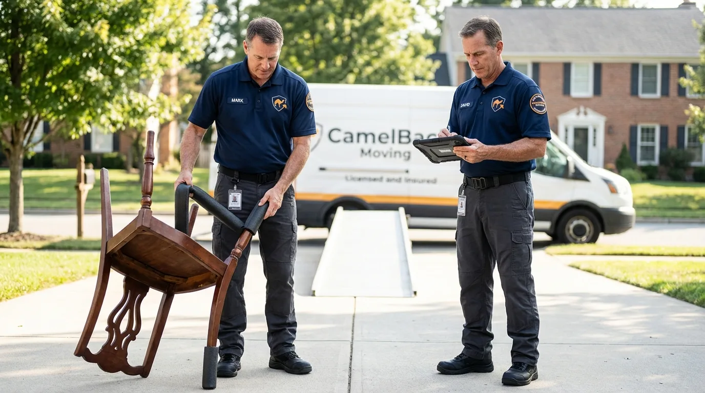 Movers inspecting furniture for damage prevention before loading in Montpelier, OH