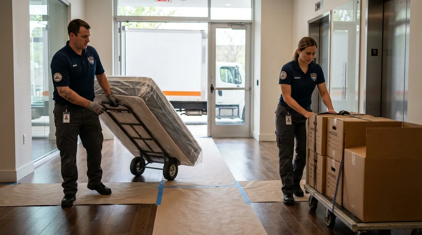 Professional apartment movers loading elevator in Montpelier, OH